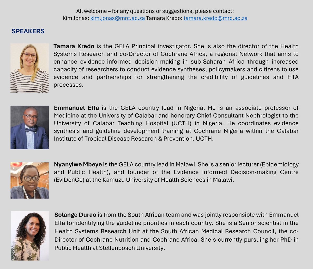 SAMRC (@mrcza) on Twitter photo Join the SAMRC UHC/NHI Forum webinar on Global Evidence, Local Adaptation—advancing national evidence systems in Malawi, Nigeria, and South Africa.
Your presenters: Tamara Kredo, Emmanuel Effa, Nyanyiwe Mbeye, Solange Durao
Join us, please register here: events.teams.microsoft.com/event/c2aa07aa… Join the SAMRC UHC/NHI Forum webinar on Global Evidence, Local Adaptation—advancing national evidence systems in Malawi, Nigeria, and South Africa.
Your presenters: Tamara Kredo, Emmanuel Effa, Nyanyiwe Mbeye, Solange Durao
Join us, please register here: events.teams.microsoft.com/event/c2aa07aa…