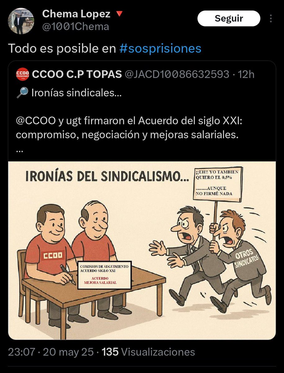 2Meissner's tweet photo. Ironías y estupideces sindicales del siglo XXI: @CCOO_Prisiones enarbolando la miseria con orgullo después de colaborar en la pérdida de un 27% de poder adquisitivo de los funcionarios de prisiones desde el año 2000 hasta la actualidad. 🤮🤮🤮🤮 #sosprisiones https://t.co/F3nyljOidb