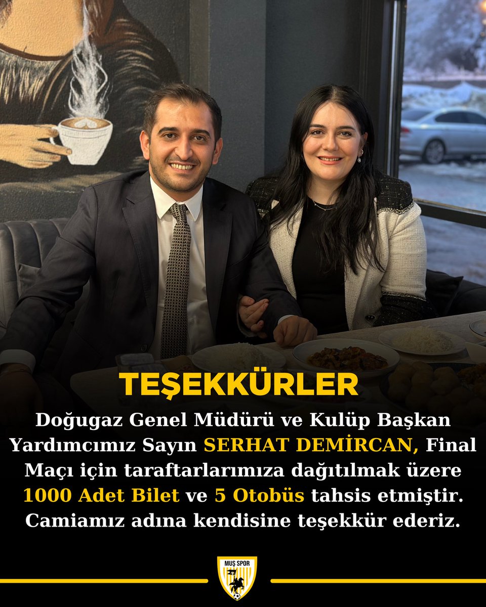 TEŞEKKÜRLER💛🤍
Doğugaz Genel Müdürü ve Kulüp Başkan Yardımcımız Sayın SERHAT DEMİRCAN, Final Maçı için taraftarlarımıza dağıtılmak üzere 1000 Adet Bilet ve 5 Otobüs tahsis etmiştir. 
Camiamız adına kendisine teşekkür ederiz.
