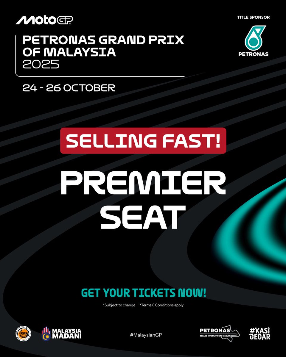 Everyone’s grabbing theirs ✌🏻don’t be the one left out!

Premier Seat tickets for PETRONAS Grand Prix of Malaysia 2025 are selling FAST! 🔥🚒

Lock yours in NOW at sepangcircuit.com before they disappear! #MalaysianGP 2025 #KasiGegar 🏁