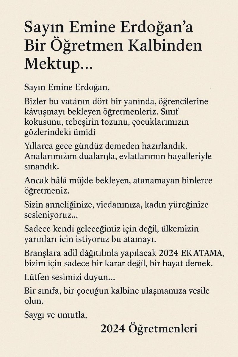 Ek atama bir lütuf degil, haktır.
Hanımefendi, öğretmenlerin sesine kulak verin.
<a href="/RTErdogan/">Recep Tayyip Erdoğan</a> 
<a href="/EmineErdogan/">Emine Erdoğan</a> 
<a href="/_cevdetyilmaz/">Cevdet Yılmaz</a> 
<a href="/mehmetucum/">Mehmet Uçum</a> 
<a href="/hasandogan/">Hasan Doğan</a> 
<a href="/tcbestepe/">T.C. Cumhurbaşkanlığı</a> 
<a href="/Akparti/">AK Parti</a> 

#Hanfendiden2024EkAtama