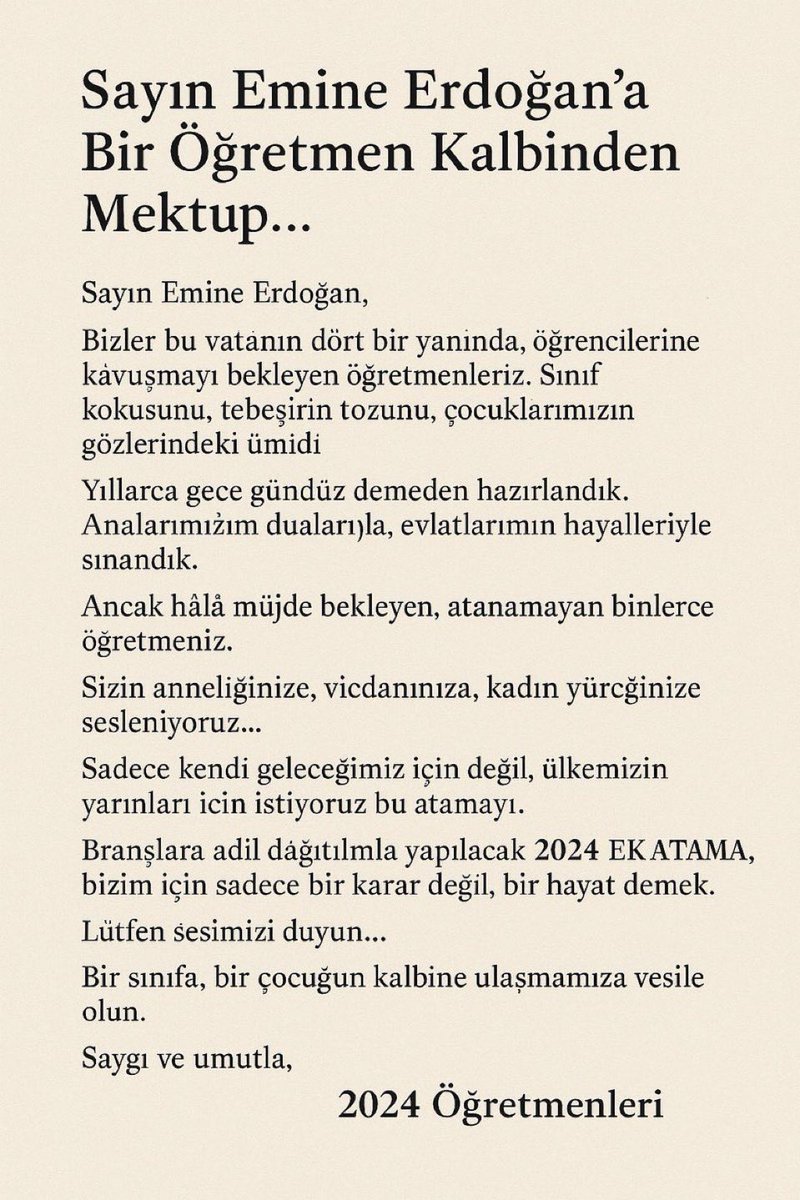 Bizler 2024 kpss ile derece yapmamıza rağmen atanamadık mesleğimizi yapmak için yıllarımızı verdik atanmak istiyoruz sayın <a href="/EmineErdogan/">Emine Erdoğan</a> <a href="/RTErdogan/">Recep Tayyip Erdoğan</a> <a href="/_cevdetyilmaz/">Cevdet Yılmaz</a> <a href="/fahrettinaltun/">Fahrettin Altun</a> <a href="/hasandogan/">Hasan Doğan</a> #Hanfendiden2024EkAtama