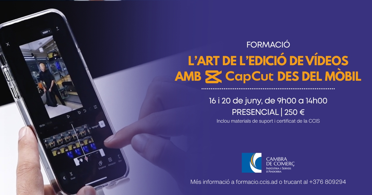 Vols aprendre a editar vídeos amb el mòbil com un professional?
A aquesta formació, 100% pràctica, que es dictarà els dies 16 i 20 de juny, trobaràs totes les tècniques i secrets per poder portar a format audivisual les teves idees per comunicar millor els productes i serveis de