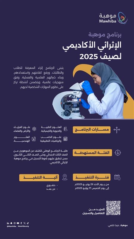 #برنامج_موهبة_الإثرائي_الأكاديمي هو محطتك الأولى لصقل مهاراتك، واكتشاف ميولك العلمية، والانطلاق نحو مستقبل واعد.

لا يزال التسجيل مستمرًا والفرصة ما زالت متاحة للتسجيل، من خلال الرابط أدناه.. كن جزءًا من نخبة الموهوبين:
mawhiba.org/services/mawhi…