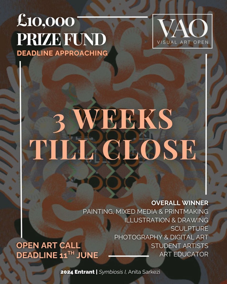 VisualArtOpen's tweet image. 🚨 3 Weeks Remaining – Entries Close 11th June.

🏆Over winner will receive £2,000 cash prize, premium annual membership with the Visual Artists Association, mentorship and a art exhibition in London.

#VisualArtOpen #VAO2025 #ContemporaryArt #ArtCompetitions