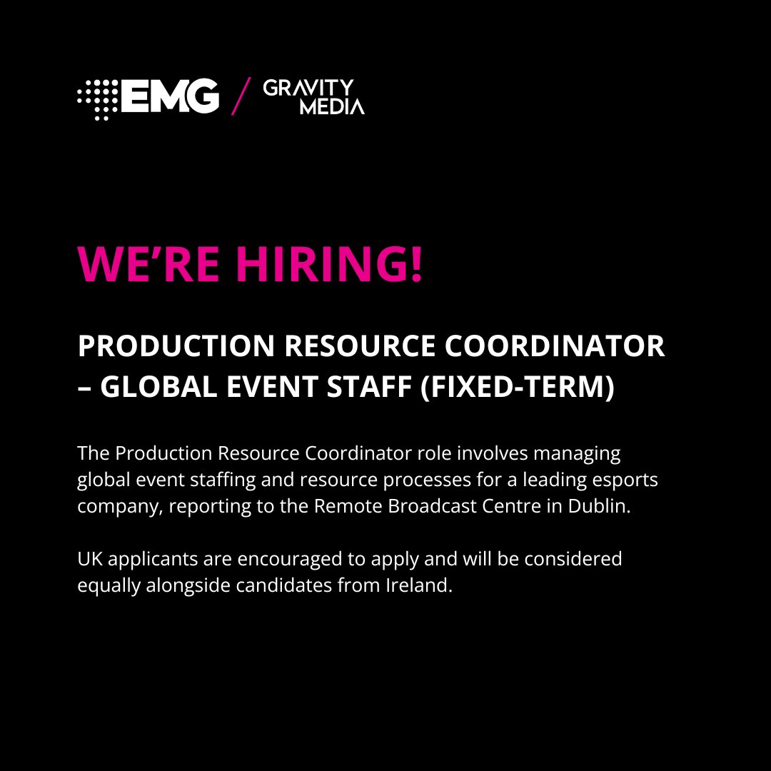 We're on the lookout for a Production Resource Manager &amp; Production Resource Coordinator! Join our team &amp; play a key role in powering live esports productions. Location: UK / Dublin Ireland (this is a hybrid role)
Head to our careers page to find out more uk.emglive.com/job/