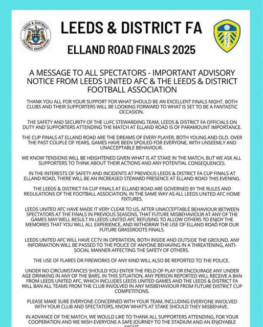 Leeds & District FA (@leedsfa) on Twitter photo Reminder about the important advisory message from
<a href="/LUFC/">Leeds United</a> and <a href="/LeedsFA/">Leeds & District FA</a> for all spectators ahead of tonight's U13 Millennium Trophy & U16 Minor Cup
<a href="/horsforth_smfc/">Horsforth St. Margaret's FC</a>
<a href="/Wakefield_AFC/">Wakefield AFC</a>
#WortleyFC
<a href="/LeedsCity_FC/">Leeds City FC</a> Reminder about the important advisory message from
<a href="/LUFC/">Leeds United</a> and <a href="/LeedsFA/">Leeds & District FA</a> for all spectators ahead of tonight's U13 Millennium Trophy & U16 Minor Cup
<a href="/horsforth_smfc/">Horsforth St. Margaret's FC</a>
<a href="/Wakefield_AFC/">Wakefield AFC</a>
#WortleyFC
<a href="/LeedsCity_FC/">Leeds City FC</a>