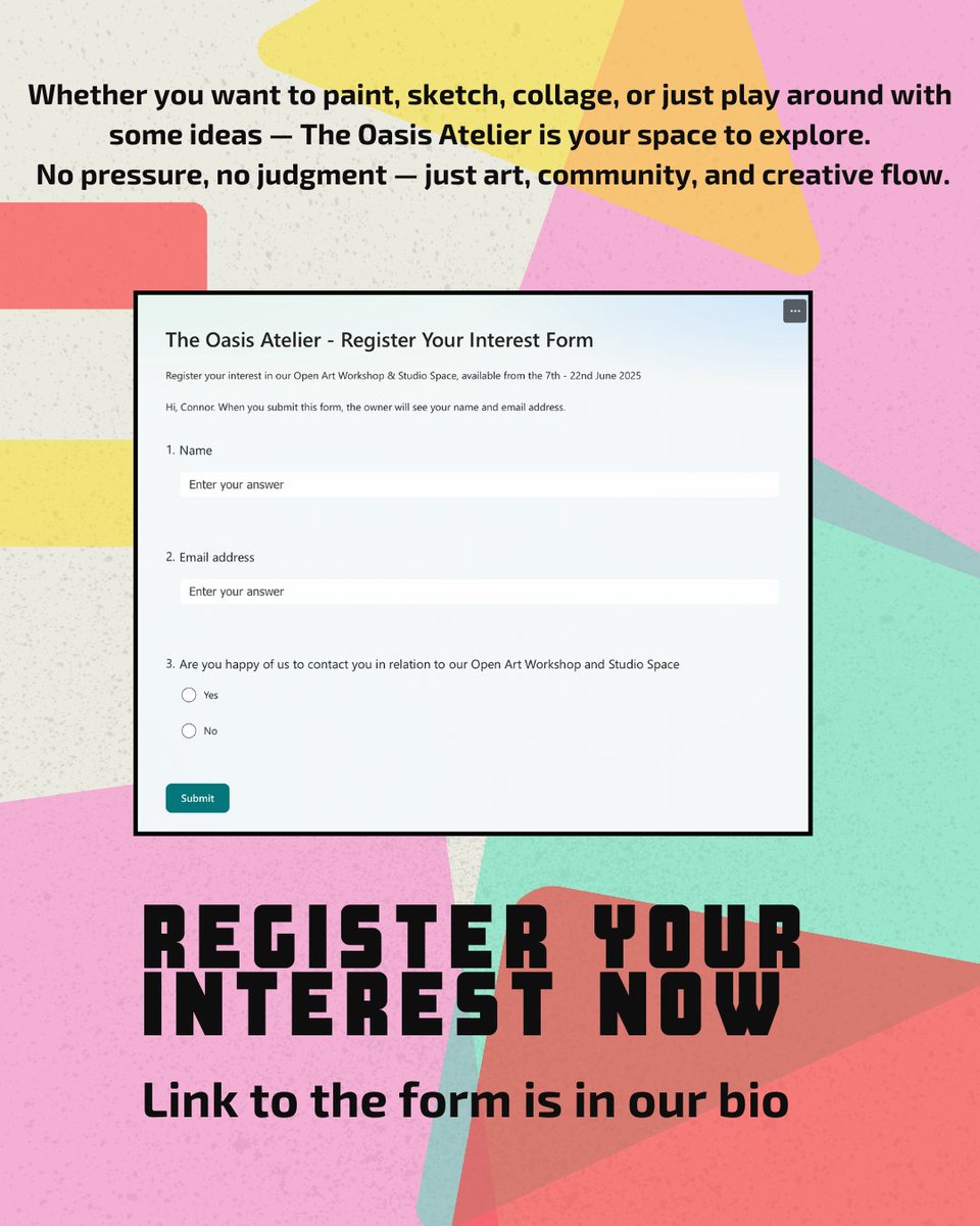 Our open studio named 'The Oasis Atelier' will be open to the public Monday to Friday between the hours of 11am and 4pm from the 9th to the 20th of June.

More info to follow!

🎨 All skill levels welcome
🔞 18+ Only
📍The Oasis Cafe, 100a Walton Street, HP21 7QP