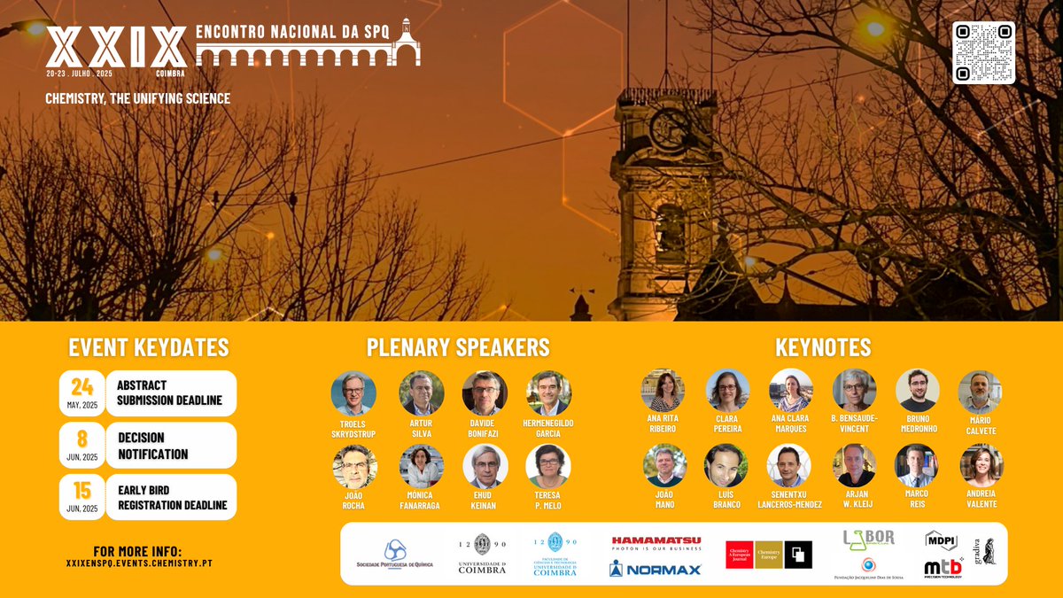 🇬🇧 From July 20 to 23, the XXIX National Meeting of the Portuguese Society of Chemistry will take place in Coimbra!

Registrations: xxixenspq.events.chemistry.pt/pt

🇵🇹 Nos dias 20 a 23 de Julho irá decorrer em Coimbra o XXIX Encontro Nacional da Sociedade Portuguesa de Química!