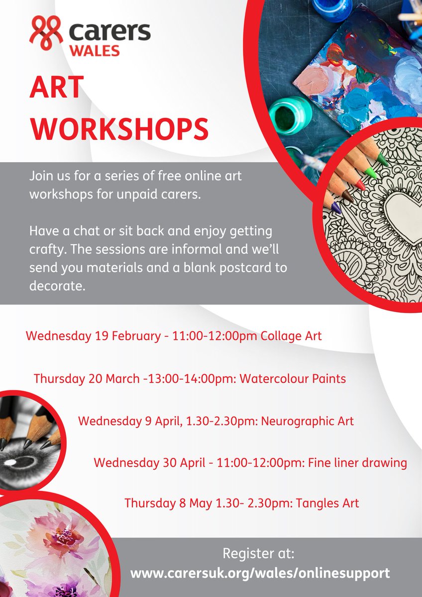 Carers Wales are running art workshops and carers from throughout the UK are welcome to join.

This is part of their postcard art exhibition project to mark Carers UK's 60th Anniversary.

See the sessions available and take part here: carersuk.org/wales/get-invo…
