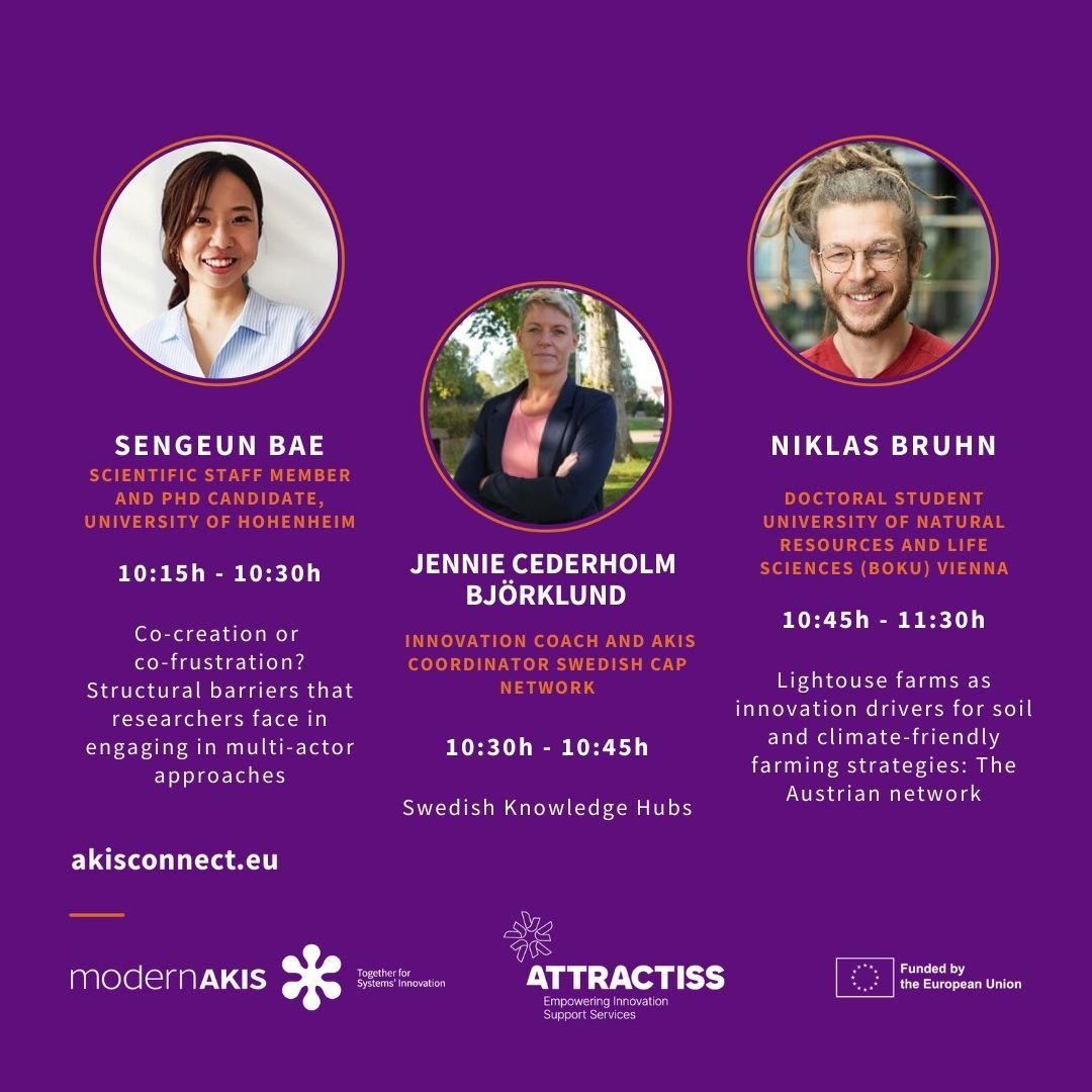 📣 Meet the speakers for our upcoming WoW event.

In this engaging session you will:
- Discover multi-actor and co-creation approaches - Explore the concept of Knowledge Hubs - Explore networks of lighthouse farms

🔗Events | AKIS in action: buff.ly/oqIJKPr