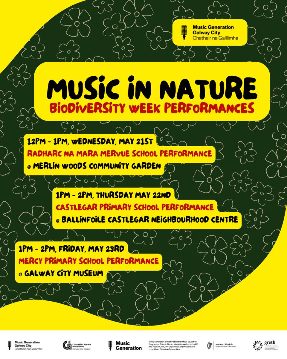 Today at 12 noon in #Merlinwoods Community garden as part of #Biodiversityweek a special performance of original nature songs by @MusicGenerationGalwaycity #MusicinNature  by students from Radharc na Mara Mervue. All welcome to come along .  Thanks  .