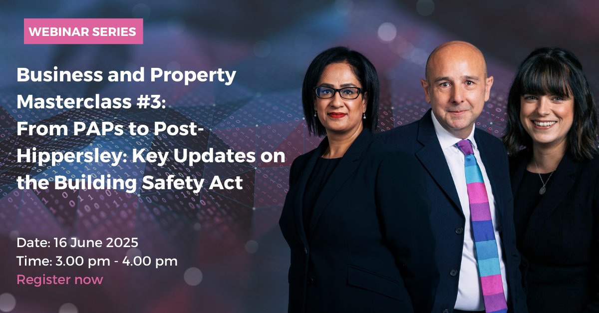 Ranjit Bhose KC, Kuljit Bhogal KC &amp; Sarah Salmon are pleased to present the third webinar in our #BusinessAndProperty Masterclass Series: From PAPs to Post-Hippersley: Key Updates on the #BuildingSafetyAct.
🗓️ 16 June 
⏰ 3:00PM
📍 Zoom webinar
Book now: f.mtr.cool/llykuwicho