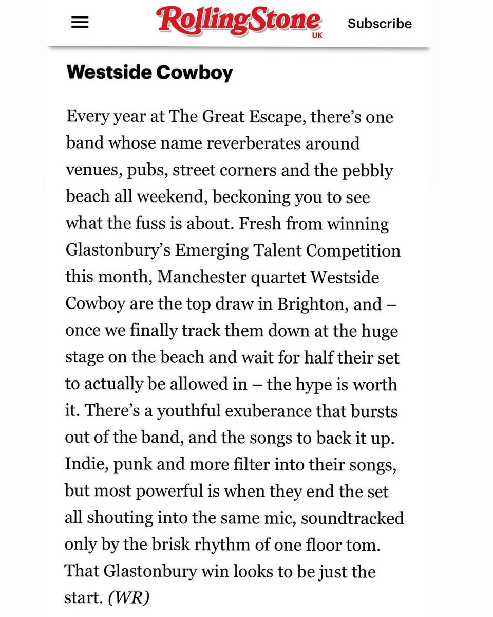 Float Along Festival (@_floatalong) on Twitter photo Some love from Rolling Stone for Westside Cowboy, at last weekends’ Great Escape Fest, “Manchester Quarter Westside Cowboy are the top draw in Brighton”.
We can’t wait for them to join us in Sheffield this Sept for Float Along
<a href="/RollingStoneUK/">Rolling Stone UK</a>
<a href="/westsidecowboyy/">westsidecowboy</a>
<a href="/thegreatescape/">The Great Escape</a> Some love from Rolling Stone for Westside Cowboy, at last weekends’ Great Escape Fest, “Manchester Quarter Westside Cowboy are the top draw in Brighton”.
We can’t wait for them to join us in Sheffield this Sept for Float Along
<a href="/RollingStoneUK/">Rolling Stone UK</a>
<a href="/westsidecowboyy/">westsidecowboy</a>
<a href="/thegreatescape/">The Great Escape</a>