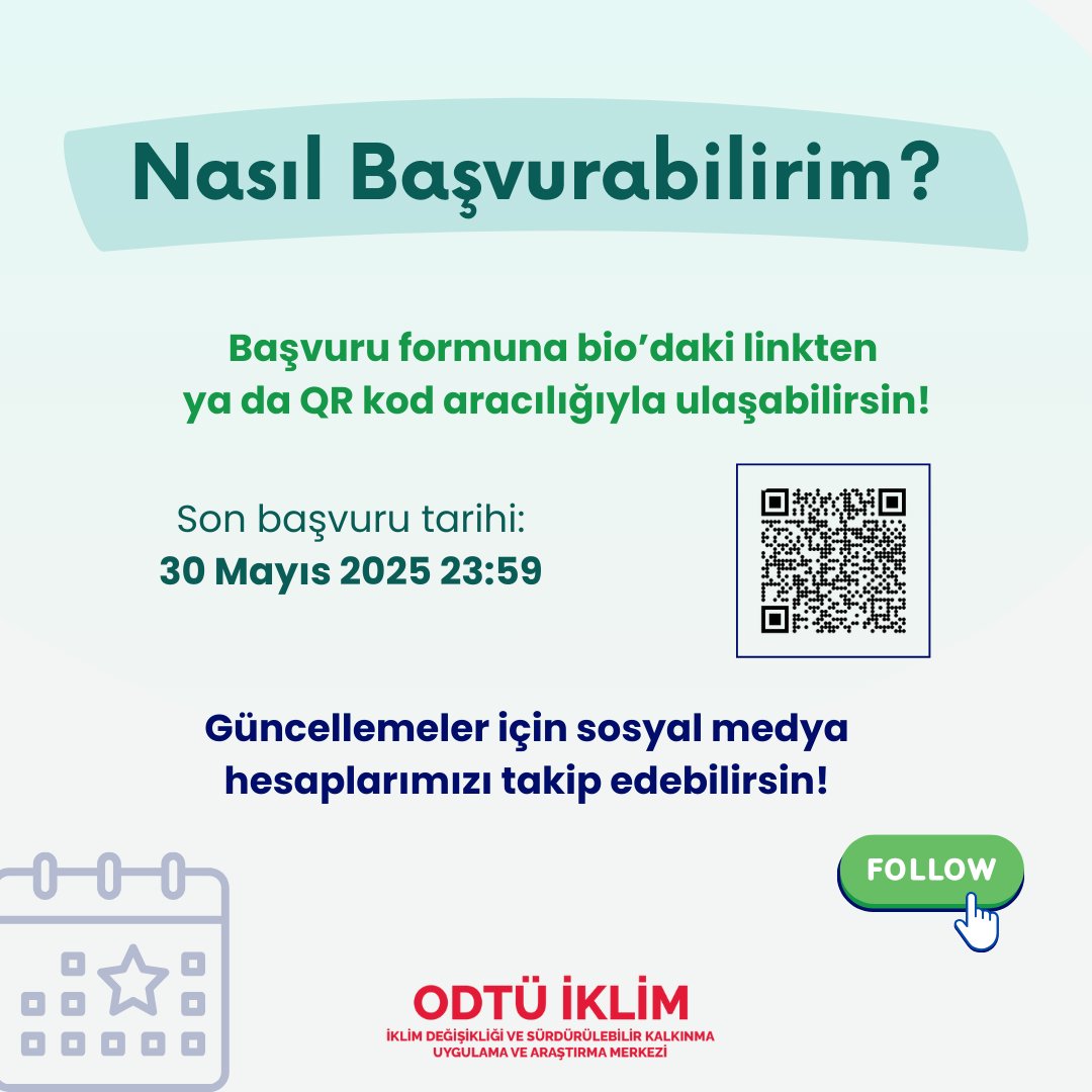 ODTÜ İKLİM | METU CLIMATE (@odtuiklim) on Twitter photo Kampüsün geleceğinde söz sahibi olmak ister misin?
ODTÜ’nün sürdürülebilirlik çalışmalarında ve iklim krizine karşı mücadelesinde etkin rol almak için ODTÜ İklim Elçisi olabilirsin!
Başvuru formu: acesse.one/eI5AD
📅 Son katılım tarihi: 30.05.2025 23:59
<a href="/METU_ODTU/">METU / ODTÜ</a> Kampüsün geleceğinde söz sahibi olmak ister misin?
ODTÜ’nün sürdürülebilirlik çalışmalarında ve iklim krizine karşı mücadelesinde etkin rol almak için ODTÜ İklim Elçisi olabilirsin!
Başvuru formu: acesse.one/eI5AD
📅 Son katılım tarihi: 30.05.2025 23:59
<a href="/METU_ODTU/">METU / ODTÜ</a>