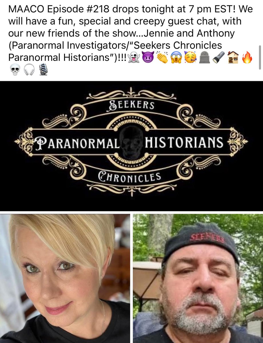MAACOpodcast's tweet photo. #JennieandAnthony #SeekersClub #paranormal #historians #creepy #spooky #unexplained #strange #bizarre #podcast #guestchat #MAACO #fun #keepingitcreepy #Creepies #MentalHealth #ghosts #stories #gogetyasome #weird https://t.co/1t1eBtJnDy