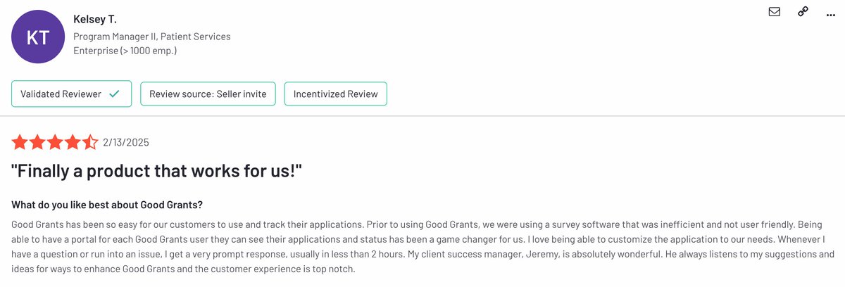 Thanks for the kind review, Kelsey! 💜
#GGLoveNotes #GoodGrants #grantmaking
hubs.ly/Q03mJVK60