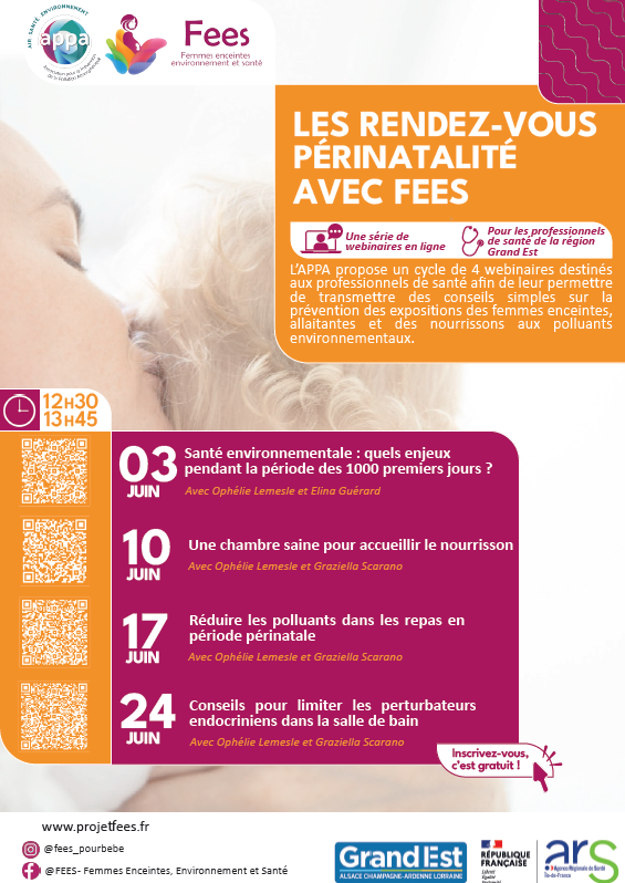 📢 Le programme des #webinaires #FEES est disponible en #GrandEst 

En juin, 4 rendez-vous pour mieux comprendre la santé environnementale pendant les 1000 premiers jours 👶

📅 03, 10, 17 &amp; 24 juin 2025

Plus d'informations👉 urls.fr/RuPVxn