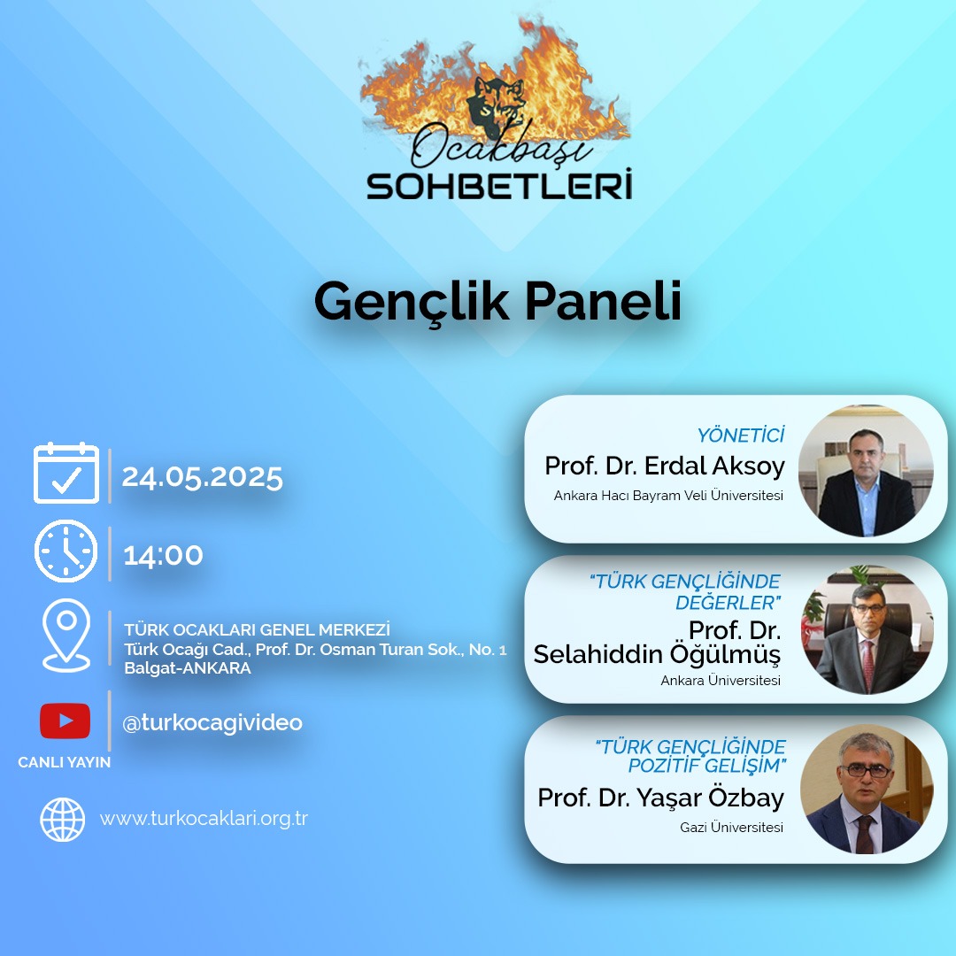 📢 "Gençlik" Paneli

Yönetici:
🗣 Prof. Dr. Erdal Aksoy (Ankara Hacı Bayram Veli Üniversitesi)

Konuşmacılar:
🗣 Prof. Dr. Selahiddin Öğülmüş (Ankara Üniversitesi) - "Türk Gençliğinde Değerler"
🗣 Prof. Dr. Yaşar Özbay (Gazi Üniversitesi) - "Türk Gençliğinde Pozitif Gelişim"

🗓