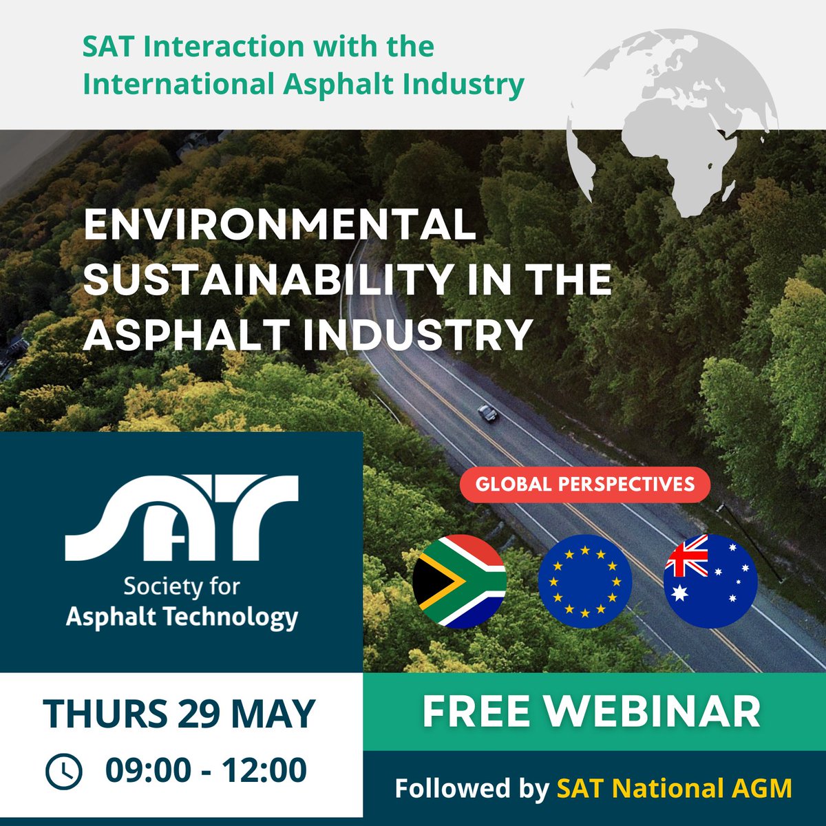 #EnvironmentalSustainability in the #AsphaltIndustry🌍 A Global and Local Perspective 🇿🇦 🇪🇺 🇦🇺
Join us for this #FreeWebinar &amp; #SATNationalAGM

Registration now open to all our followers!

Click here: sabita.us20.list-manage.com/track/click?u=…