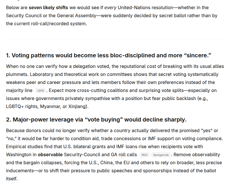 VitalikButerin's tweet image. IMO UN resolution votes should be secret ballot.

Each country can choose (and replace) their own representative, but once the choice is made, what the representative does is up to their own conscience.

Less "pressuring" by great powers, more seeing how people really think.