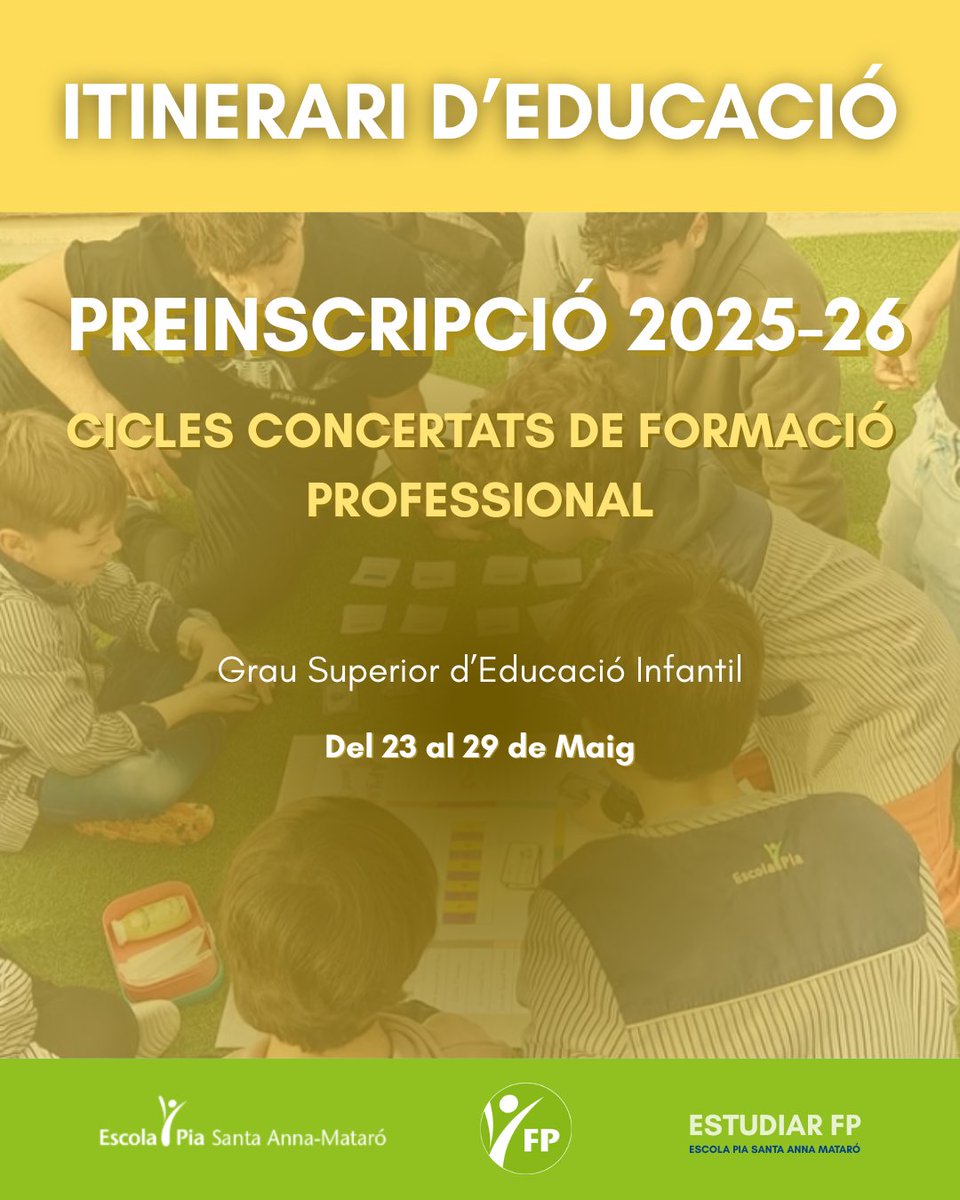 FP Escola Pia Mataró (@fpescolapiamat) on Twitter photo 🎓 Vols treballar amb infants de 0 a 6 anys?
Forma’t com a educador/a infantil a l’<a href="/escolapiamataro/">Escola Pia Mataró</a>!
📅 Preinscripció oberta del 23 al 29 de maig
🧩 FP dual, pràctiques reals i acompanyament personalitzat
#EducacióInfantil #EstudiaFP #FPMataró #TriaFP #FormacióProfessional 🎓 Vols treballar amb infants de 0 a 6 anys?
Forma’t com a educador/a infantil a l’<a href="/escolapiamataro/">Escola Pia Mataró</a>!
📅 Preinscripció oberta del 23 al 29 de maig
🧩 FP dual, pràctiques reals i acompanyament personalitzat
#EducacióInfantil #EstudiaFP #FPMataró #TriaFP #FormacióProfessional