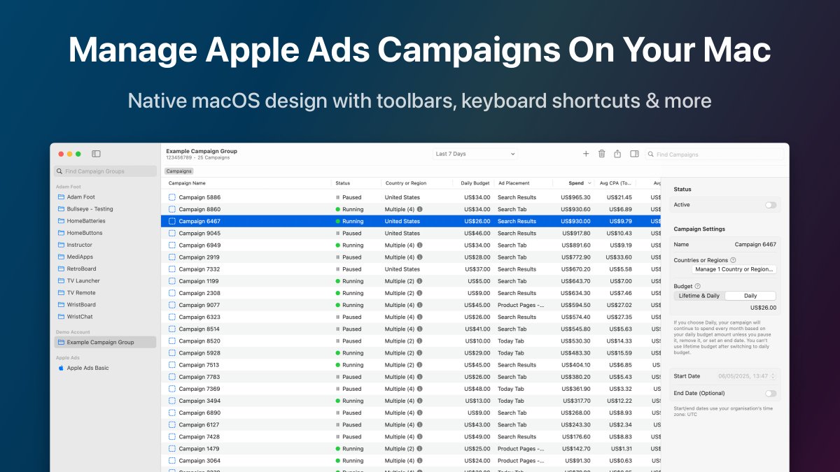 adamfootdev's tweet photo. 🚀 My latest app is now available to download on Mac!

🎯 Bullseye makes it easy to manage your Apple Ads Advanced campaigns from an easy to use app built in SwiftUI for macOS.

🔗 https://t.co/p0o6Jqmdnw https://t.co/BMIjE13mBj