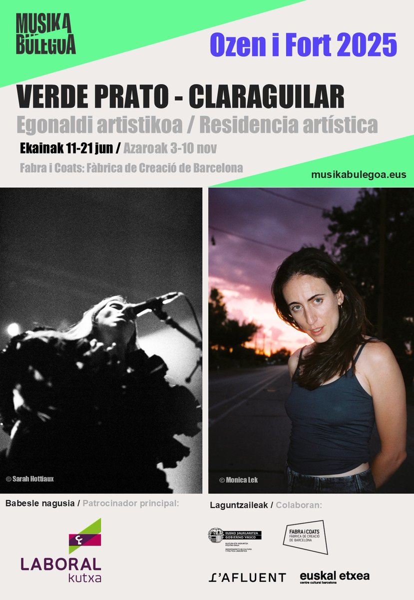 Musika Bulegoa (@musikabulegoa) on Twitter photo VERDE PRATO eta CLARA GUILAR, Ozen i Fort egoitza artistikoaren lehen edizioko protagonistak. <a href="/fabraicoats_fic/">Fabra i Coats: Centre d'Art i Fàbrica de Creació</a> <a href="/lAfluent/">L'Afluent</a> <a href="/Euskaletxeabcn/">Euskal Etxea BCN</a> <a href="/LABORALkutxa/">LABORAL Kutxa</a> <a href="/Gob_eus/">Eusko Jaurlaritza - Gobierno Vasco</a> VERDE PRATO eta CLARA GUILAR, Ozen i Fort egoitza artistikoaren lehen edizioko protagonistak. <a href="/fabraicoats_fic/">Fabra i Coats: Centre d'Art i Fàbrica de Creació</a> <a href="/lAfluent/">L'Afluent</a> <a href="/Euskaletxeabcn/">Euskal Etxea BCN</a> <a href="/LABORALkutxa/">LABORAL Kutxa</a> <a href="/Gob_eus/">Eusko Jaurlaritza - Gobierno Vasco</a>