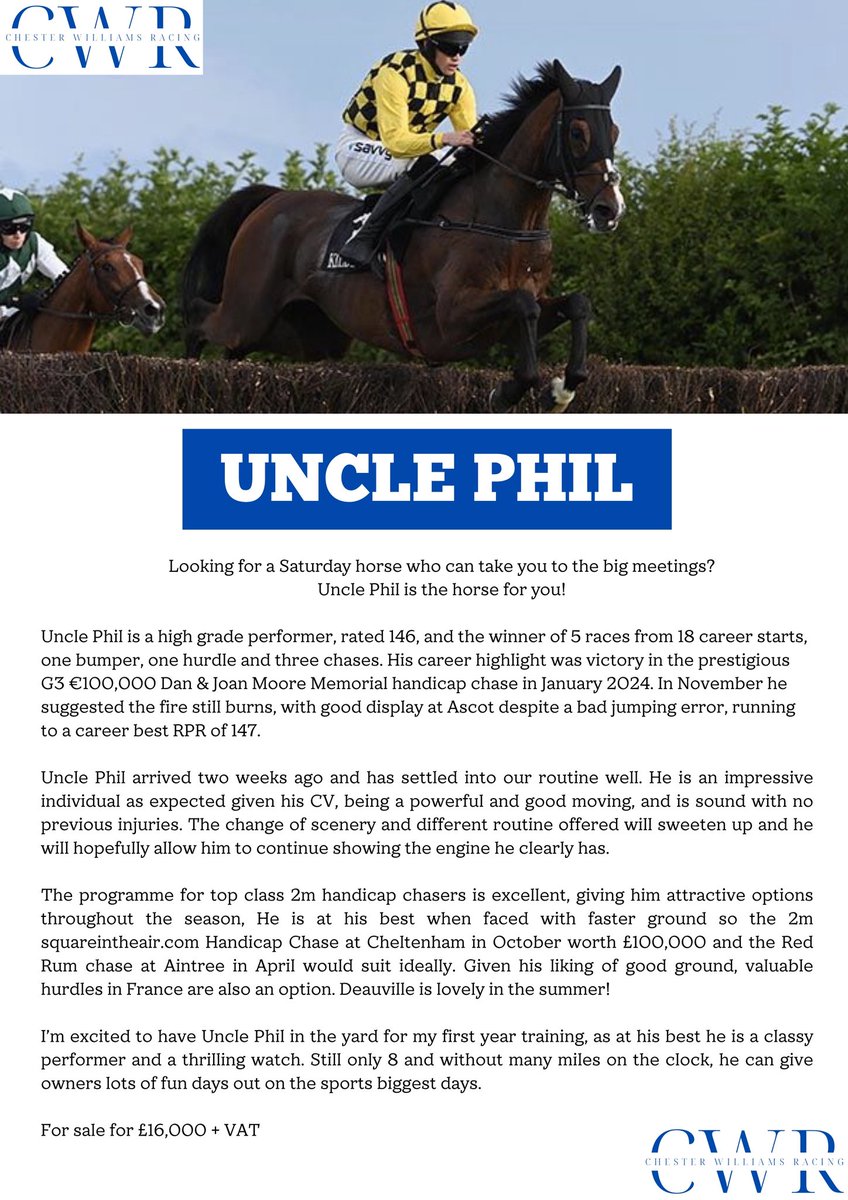 FOR SALE: 25% of Uncle Phil. 
Get involved with a proven Saturday horse who can provide lots of fun. Only 8, rated 146, sound and ready to go, he’s an exciting horse to train and can be exciting for you!
25% still available for only £4,000. Get in touch!
RTs appreciated