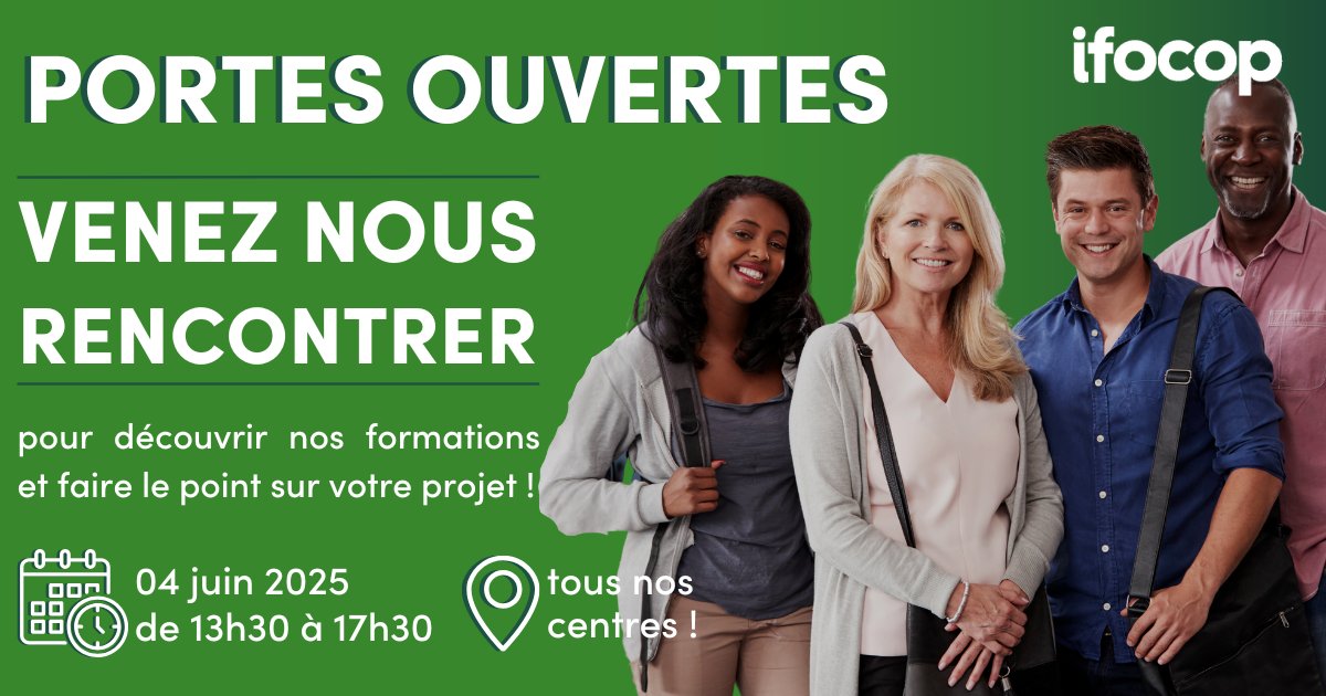 📅 Le 4 juin, c’est Portes Ouvertes dans tous les centres #ifocop !
🎓 Formations du CAP au Bac+5
🤝 Rencontres, infos financement, tests d’admission, visites… Prêt(e) pour votre #reconversion ?
➡️ Inscrivez-vous dès maintenant : ifocop.fr/participer-a-u…
#formation #JPO
