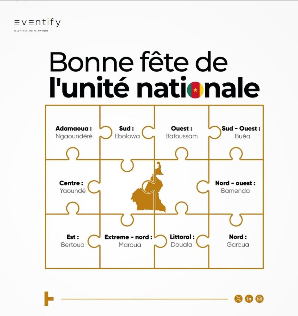 Sous le soleil du 20 mai, nos cœurs battent à l’unisson.🇨🇲

Souvenons -nous du chemin parcouru et continuons à écrire ensemble l’histoire de notre nation.

#Cameroun #UnitéNationale #Patriotisme #20min #EventifyAgrncy