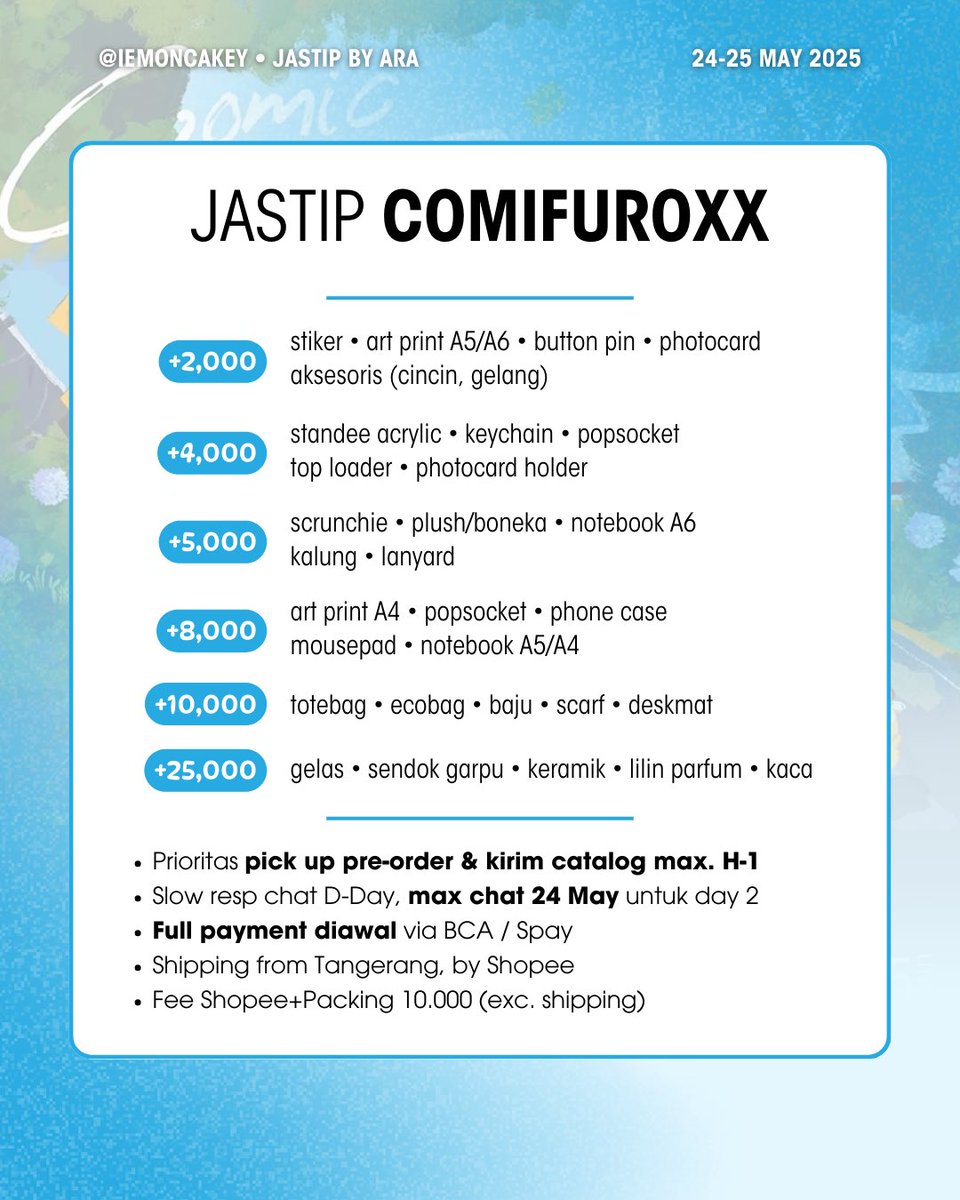Iemoncakey's tweet image. ✤ Open Jastip CFXX Comifuro ✤

🗓️ 24-25 May 2025
📦 Shipping from TGR by 🍊
🩷 Availabe for pick up orders!

Day 1—10 AM-3 PM
Day 2—9 AM-12 PM

💌 mt after dm

#comifuroxx #cf20 #jastipcfxx #jastipcomifuro #jastip