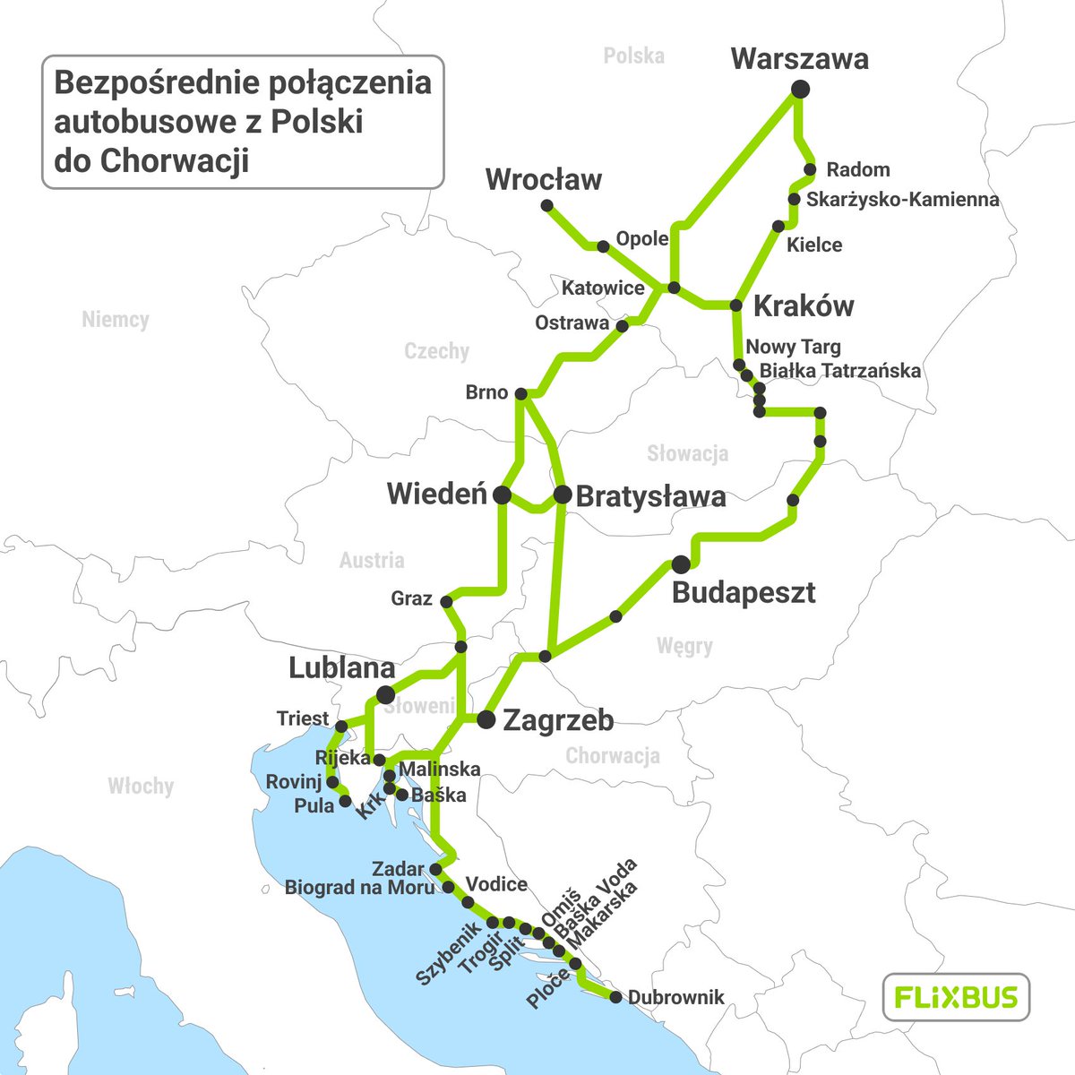 FlixBus_PL's tweet image. Z FlixBusem do Chorwacji!🇭🇷
Bezpośrednio i wygodnie z 10 polskich miast – z klimatyzacją, Wi-Fi i gniazdkami pod siedzeniem.
Aż 19 chorwackich lokalizacji do wyboru! Rijeka, Split, Zadar i więcej!
Ceny już od 149 PLN 💚
Więcej na: flixbus.pl/firma/prasa/ko…
#chorwacja #flixbus