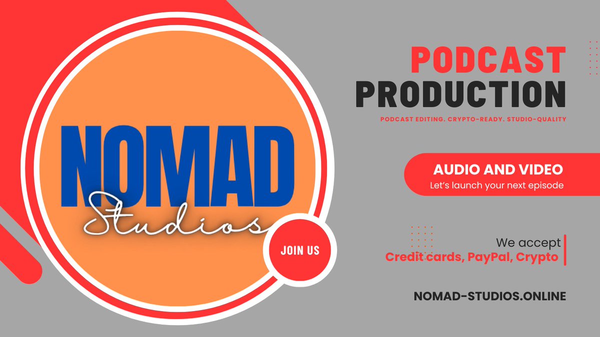 Weekly podcast? We’ve got you covered.
Audio &amp; video editing, dashboard access, crypto-ready.
DM us or visit nomad-studios.online to get started

#PodcastEditing
#CryptoPayments
#Web3Audio
#PodcastProduction