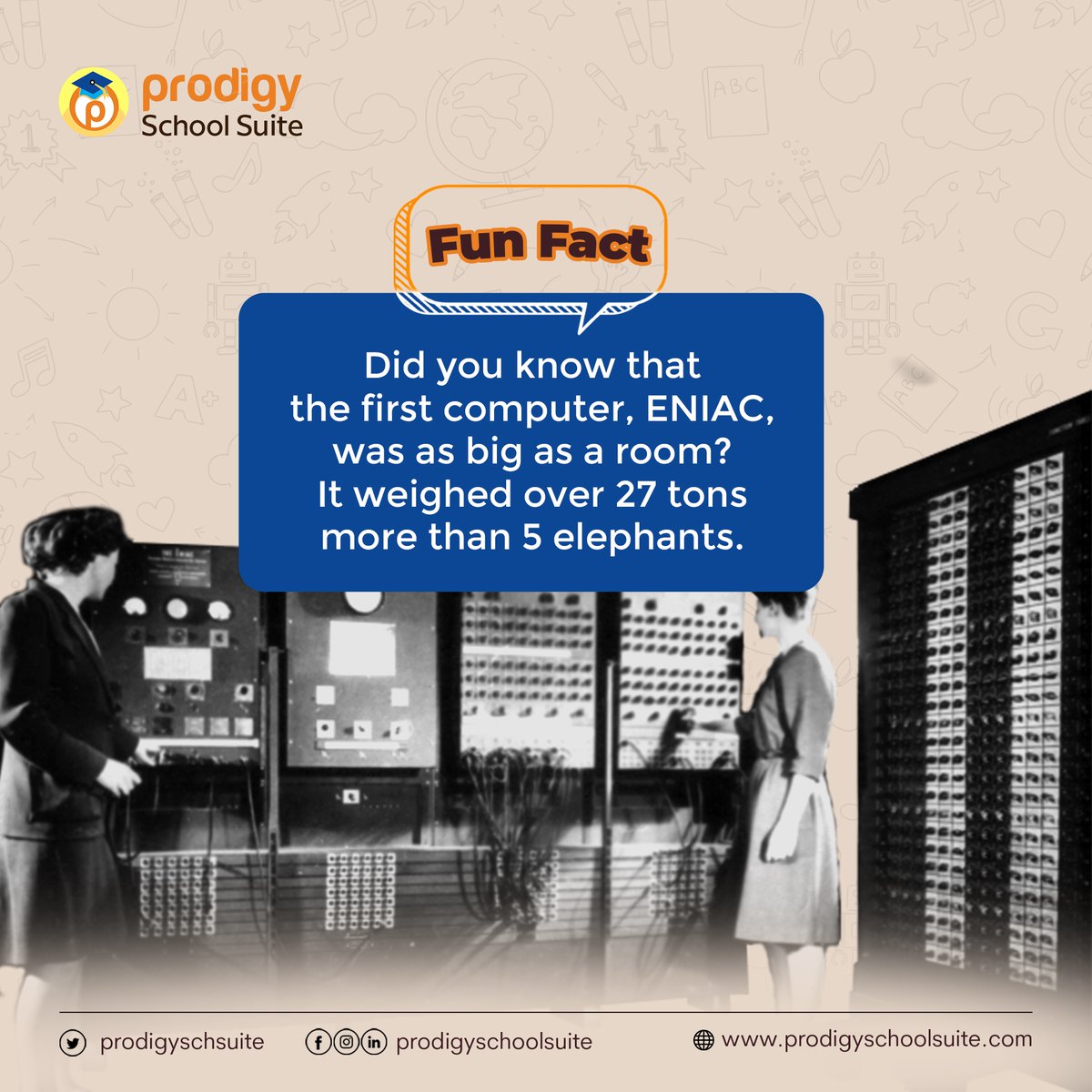 prodigyschsuite's tweet photo. ENIAC, short for Electronic Numerical Integrator and Computer, was the world's first programmable, general-purpose electronic digital computer.
#prodigyforschools #education #edtechsolution #technology #sciencefacts #Education #computerscience #didyouknow? https://t.co/v9rka14LpL