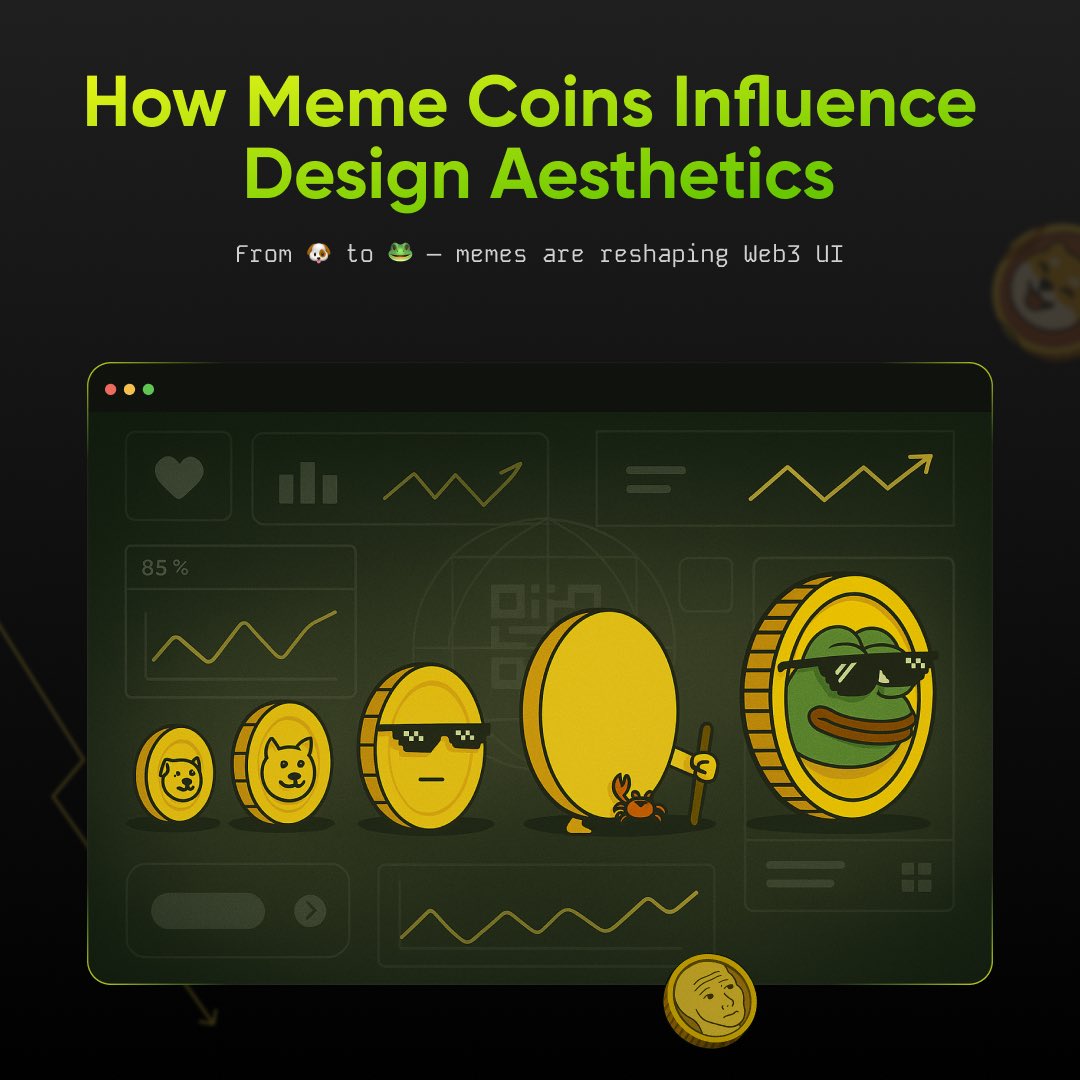 deshgrp's tweet photo. How Meme Coins Influence Design Aesthetics

🧠 What started as a joke now defines entire ecosystems. Meme coins don’t follow design rules — they make their own. Let’s break it down →

#MemeCoin #CryptoDesign #Web3UX #MemeCulture #DeFiDesign
#Web3Design #CryptoAesthetics #CryptoTwitter #UXinCrypto