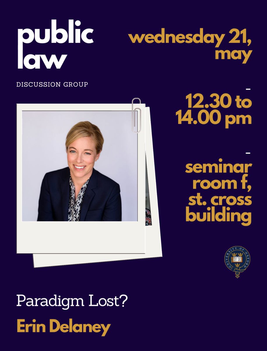 Oxford Public Law Discussion Group (@oxfordpldg) on Twitter photo We are delighted to welcome Erin Delaney from <a href="/UCLLaws/">UCL Faculty of Laws</a> today at the PLDG!
Come and join us from 12.30 to 14.00 pm, Seminar Room F <a href="/OxfordLawFac/">Faculty of Law</a>
We hope to see many of you there! We are delighted to welcome Erin Delaney from <a href="/UCLLaws/">UCL Faculty of Laws</a> today at the PLDG!
Come and join us from 12.30 to 14.00 pm, Seminar Room F <a href="/OxfordLawFac/">Faculty of Law</a>
We hope to see many of you there!