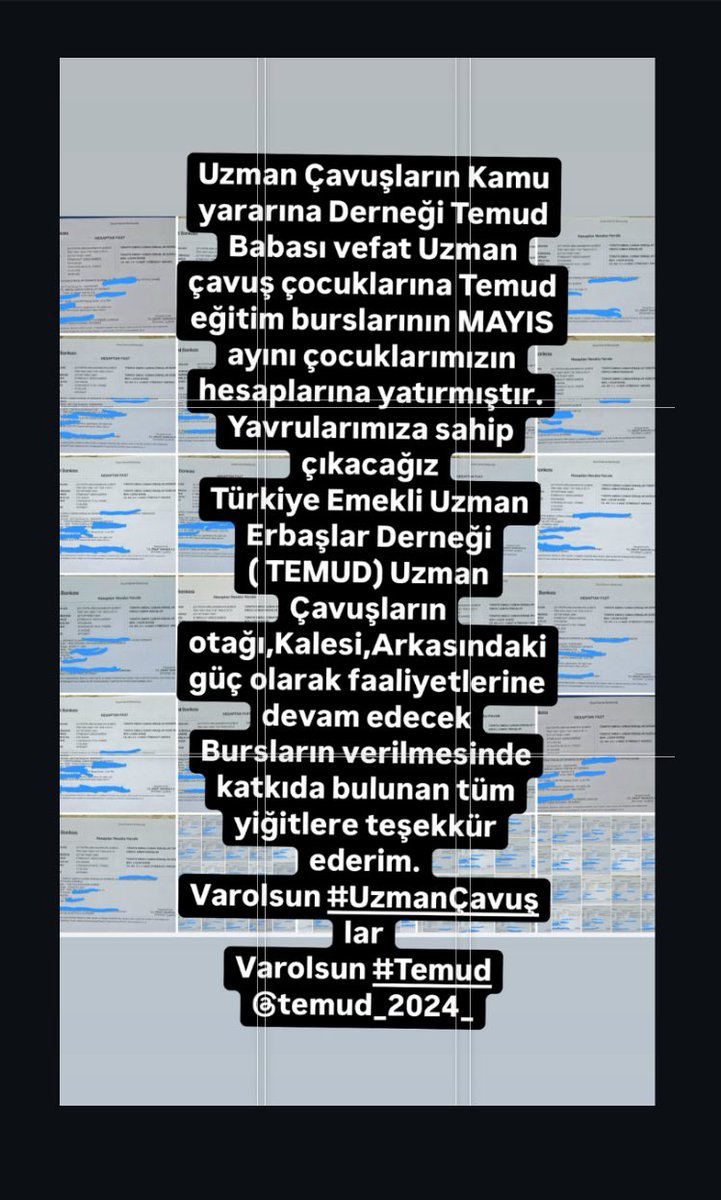 Uzman Çavuşların Kamu yararına Derneği Temud 
Babası vefat Uzman çavuş çocuklarına Temud eğitim burslarının MAYIS ayını çocuklarımızın hesaplarına yatırmıştır.
Yavrularımıza sahip çıkacağız
Türkiye Emekli Uzman Erbaşlar Derneği ( TEMUD) Uzman Çavuşların otağı,Kalesi,Arkasındaki