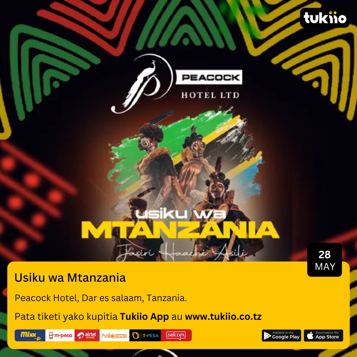 Jiunge nasi kwa Onyesho la Bendi ya Muziki wa Soul 
📍Peacock Hotel tunapozindua upya Usiku usiosahaulika wa Tanzania mnamo Mei 28, 2025!

Sherehekea utamaduni mahiri wa Kanda ya Kati kupitia Chakula cha asili na Vinywaji, vyakula halisi, muziki wa moja kwa moja, na shughuli za