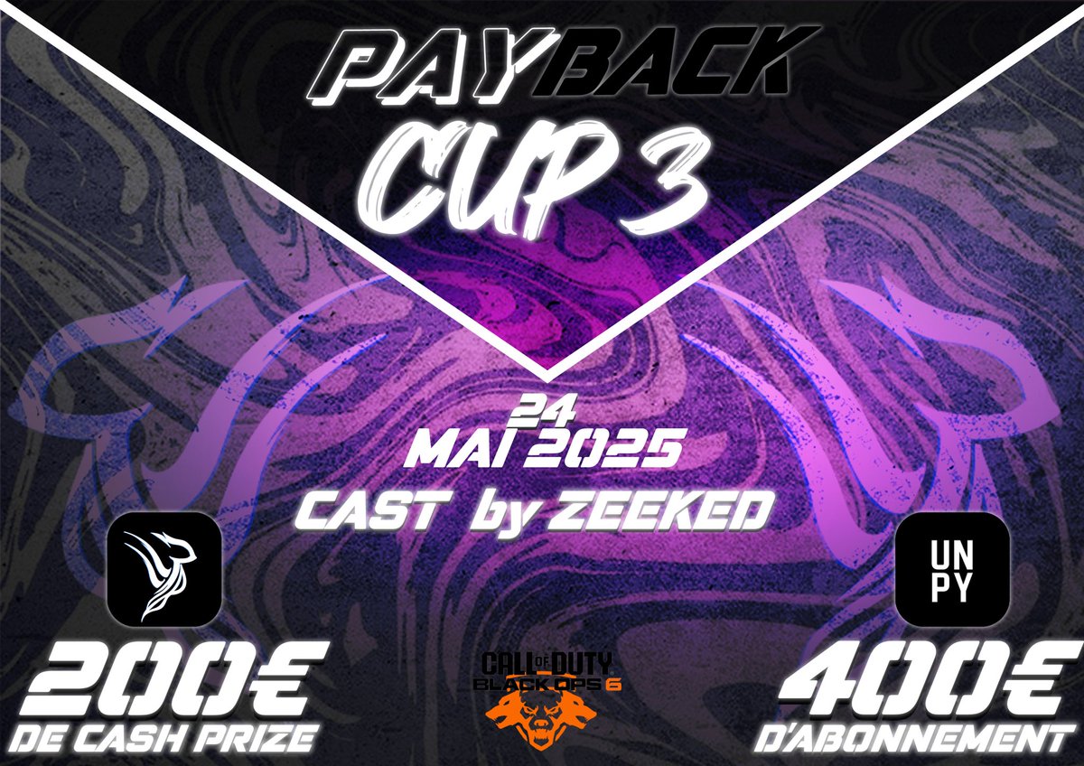 🏆 | - #PayBacKCUP3 - | 🏆

Il reste encore de la place pour la 3ème édition de la PayBacK CUP ! 🏆

Inscription : docs.google.com/forms/d/e/1FAI…

👊 16 Équipes
📅 Samedi 24 Mai 
🕐 20h
💰 200€ 
🎙 Cast by <a href="/Zeeked/">Ryan</a>