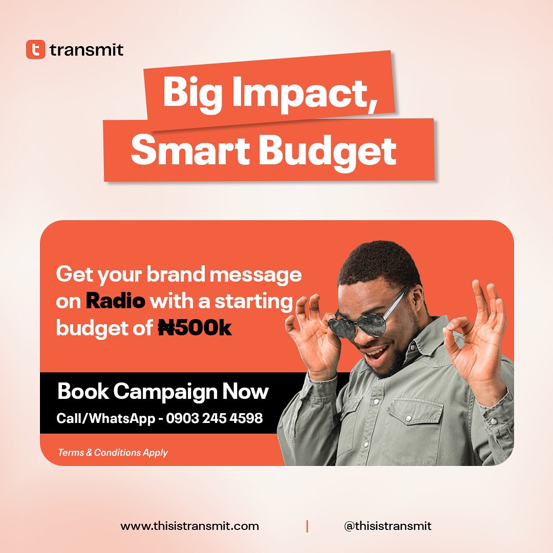 thisistransmit's tweet photo. Here’s your chance to reach millions on radio, starting from just ₦500K!
📞 Tap the link to book https://t.co/wTG9ghF2Fz
or Contact Sales: 09032454598
Secure spots today and let your brand be heard across top stations nationwide.
#RadioAds #Transmit360 #Brandreach #Content https://t.co/wkklfdkG5e