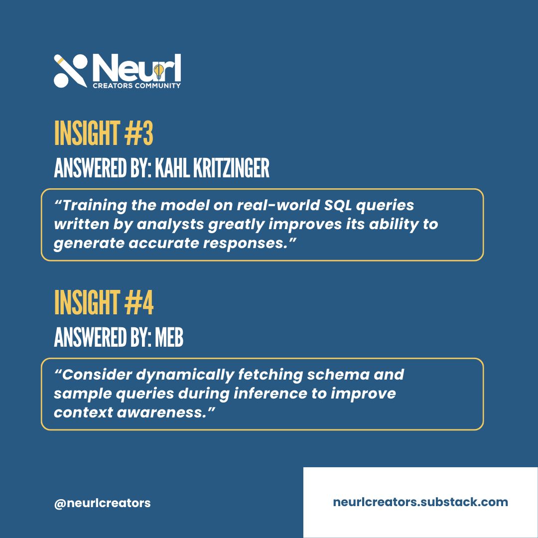NeurlCreators's tweet image. Text-to-SQL feels magical—until a hallucinated JOIN nukes your dashboard.
Prod-ready teams defend with:
1️⃣ Rich schema metadata
2️⃣ Safe pre-built views
3️⃣ Few-shot fine-tunes on real queries
4️⃣ Live schema lookups via function calls
👉 buff.ly/JVtKTg0
#TextToSQL #LLM
