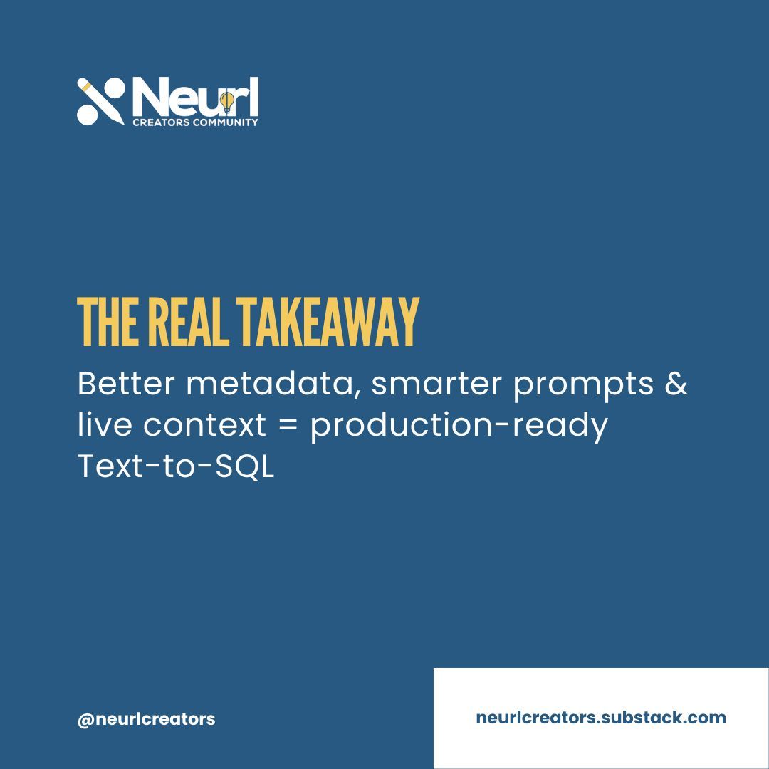 NeurlCreators's tweet image. Text-to-SQL feels magical—until a hallucinated JOIN nukes your dashboard.
Prod-ready teams defend with:
1️⃣ Rich schema metadata
2️⃣ Safe pre-built views
3️⃣ Few-shot fine-tunes on real queries
4️⃣ Live schema lookups via function calls
👉 buff.ly/JVtKTg0
#TextToSQL #LLM