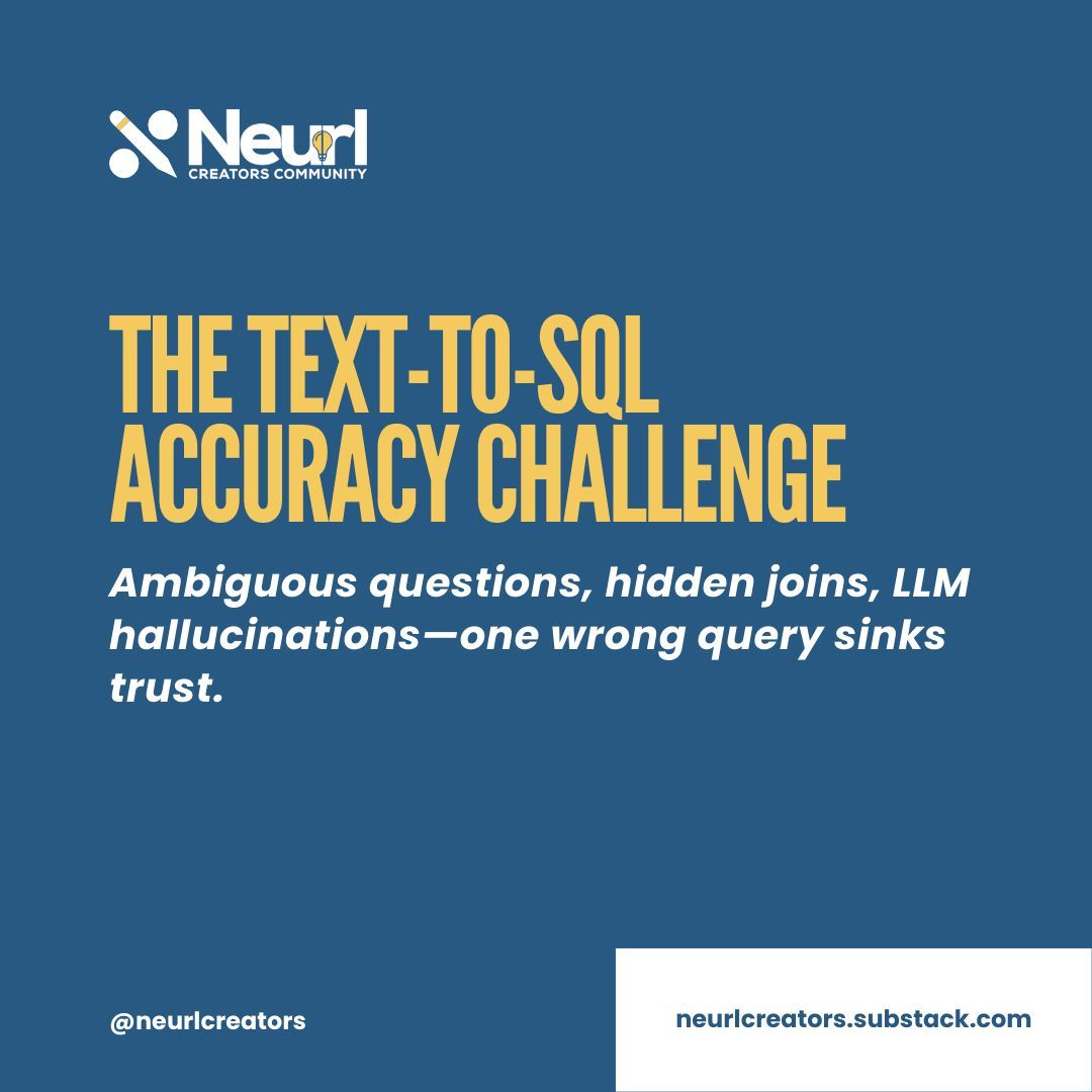 NeurlCreators's tweet image. Text-to-SQL feels magical—until a hallucinated JOIN nukes your dashboard.
Prod-ready teams defend with:
1️⃣ Rich schema metadata
2️⃣ Safe pre-built views
3️⃣ Few-shot fine-tunes on real queries
4️⃣ Live schema lookups via function calls
👉 buff.ly/JVtKTg0
#TextToSQL #LLM