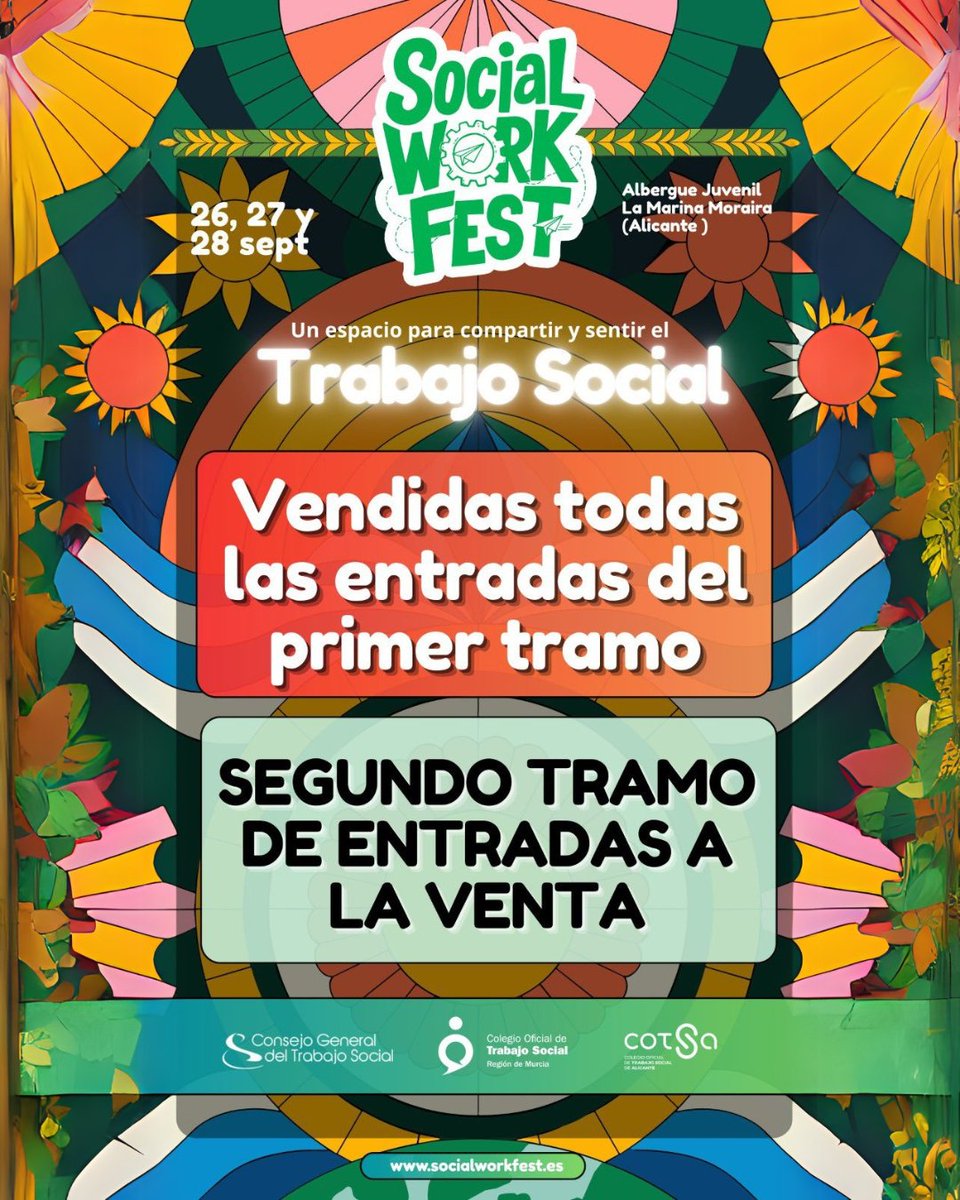 COTSA - Alicante / Alacant (@cotsalacant) on Twitter photo 🎉 WoW ¡VENDIDAS TODAS LAS ENTRADAS DEL PRIMER TRAMO del #SocialWorkFest de <a href="/cgtrabajosocial/">CGTrabajoSocial</a> !
📢 Ya a la venta el segundo tramo de entradas.
🟢🟡🔵 socialworkfest.es
🔖ENTRADA GENERAL
🔖ENTRADA SIN ALOJAMIENTO
#COTSA
#TrabajoSocial
#TreballSocial
#SocialWork 🎉 WoW ¡VENDIDAS TODAS LAS ENTRADAS DEL PRIMER TRAMO del #SocialWorkFest de <a href="/cgtrabajosocial/">CGTrabajoSocial</a> !
📢 Ya a la venta el segundo tramo de entradas.
🟢🟡🔵 socialworkfest.es
🔖ENTRADA GENERAL
🔖ENTRADA SIN ALOJAMIENTO
#COTSA
#TrabajoSocial
#TreballSocial
#SocialWork