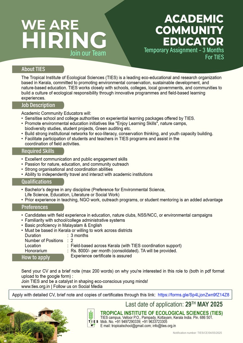 Academic Educator Vacancies at TIES.

Apply now: forms.gle/Sp4LjonZwn9fZ1… 

#TIESinstitute #academiceducator #career #vacancy #opportunity #kerala #education #kottayam