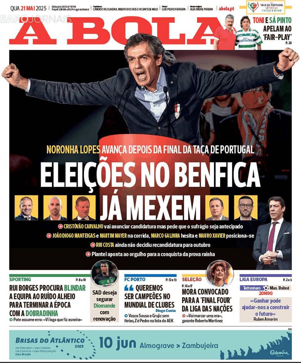 tiagpais's tweet photo. A capa de hoje d’A Bola é para chorar. De emoção, pela foto central, e de riso pela chamada do canto superior direito: ver Sá Pinto a apelar ao fair play é como ver Tiago Grila a apelar à condução defensiva. https://t.co/JvTdoR4pR3