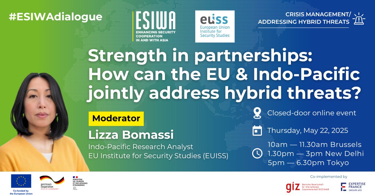 ESIWA_EU (@esiwa_eu) on Twitter photo ๐๏ธ <a href="/LizzaBomassi/">Lizza Bomassi</a>, #IndoPacific Research Analyst <a href="/EU_ISS/">EU Institute for Security Studies</a>, will moderate the second #ESIWAdialogue
โ Email esiwa@expertisefrance.fr with your name, title and organisation if you would like to participate in our closed-door discussion
#EUdefence #EUForeignPolicy #CrisisManagement ๐๏ธ <a href="/LizzaBomassi/">Lizza Bomassi</a>, #IndoPacific Research Analyst <a href="/EU_ISS/">EU Institute for Security Studies</a>, will moderate the second #ESIWAdialogue
โ Email esiwa@expertisefrance.fr with your name, title and organisation if you would like to participate in our closed-door discussion
#EUdefence #EUForeignPolicy #CrisisManagement