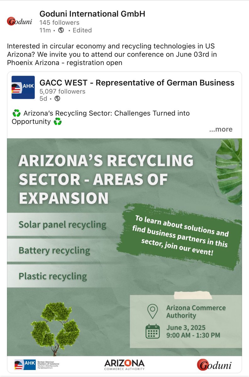 Interested in circular economy and recycling technologies in US Arizona? We invite you to attend our conference on June 03rd in Phoenix Arizona - registration open -> goduni.de