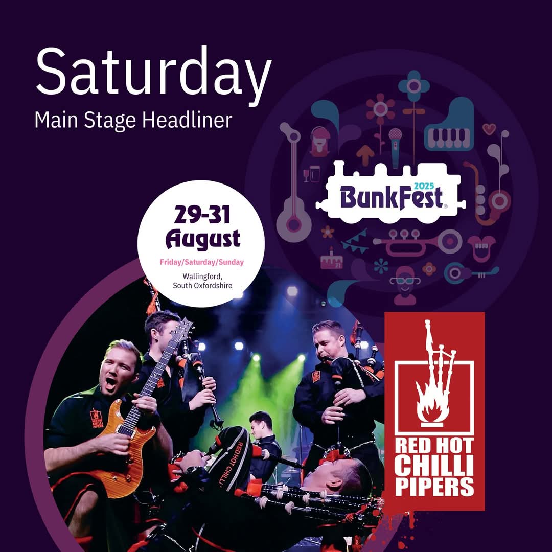 BunkFest25 Headline act for Saturday 30th August on the Bob Wyatt main stage are the inventors of BAGROCK. There has never been anything quite like the Red Hot Chilli Pipers!

#bunkfest25 #stayjammy #wallingford #bunkfestfringe #bfvolunteer #livemusic
